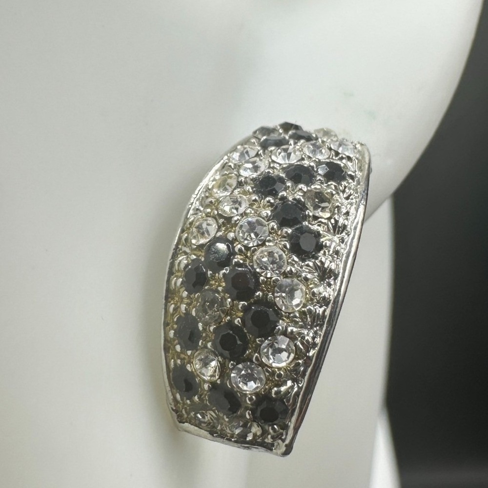 VTG Silver Tone Black Clear Rhinestone Hoop Earrings Post Classic Sparkle